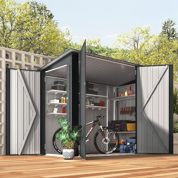 AECOJOY 4'x7' Outdoor Storage Lean to Shed,7x4 Outdoor Horizontal Metal Sheds & Outdoor Storage with Triple Lockable Door, Small Metal Storage Cabinet for Bicycles, Tools Storage for Garden Use by AECOJOY