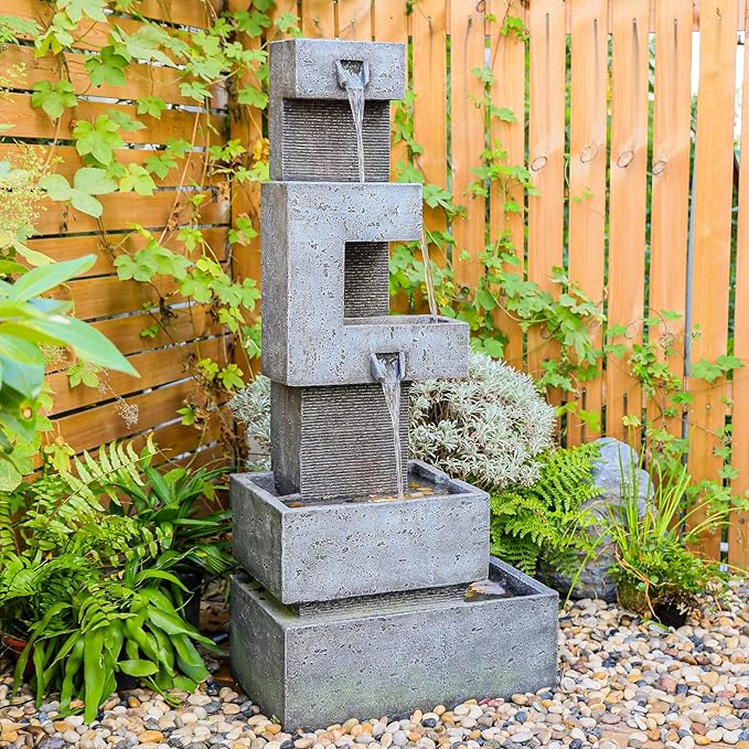 48 inches Outdoor Water Fountain Tiered Large Waterfall Freestanding Cascade Fountains Modern Geometric Effects with LED Lights for Garden Patio Yard Pool Home Decor Gray