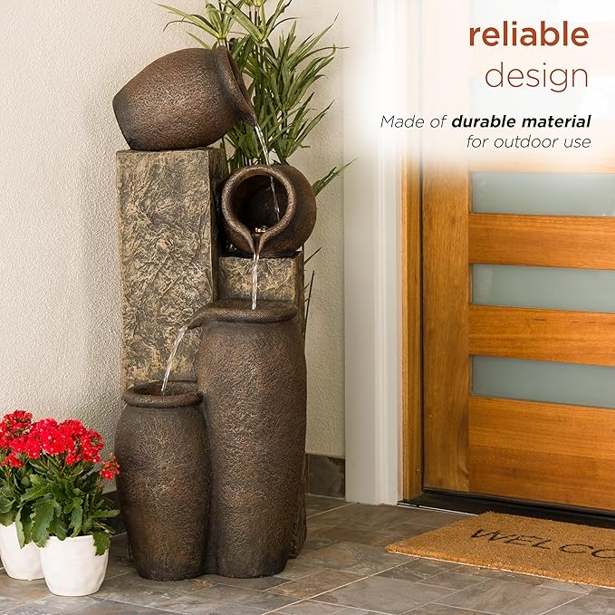 Alpine Corporation GIL140 43" Tall Indoor Outdoor Pottery Fountain with Replaceable LED Lights, Water Feature for Garden, Patio, and Home Decor, Brown
