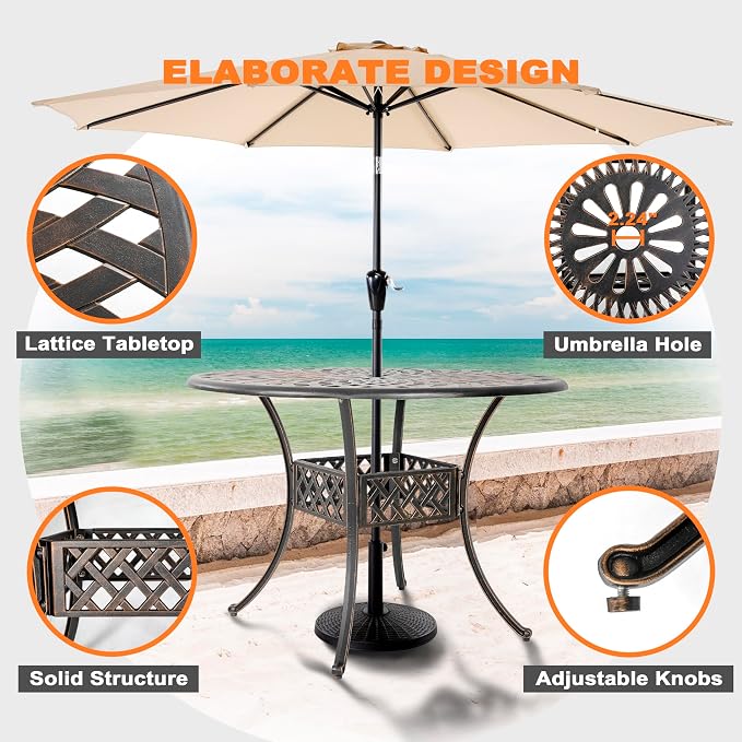 NUU GARDEN 5 Piece Outdoor Patio Dining Set, 42" Cast Aluminum, Round Patio Dining Table with 2.24" Umbrella Hole and Patio Dining Chairs with Cushions for Garden, Balcony, Bronze and Red - Image 7