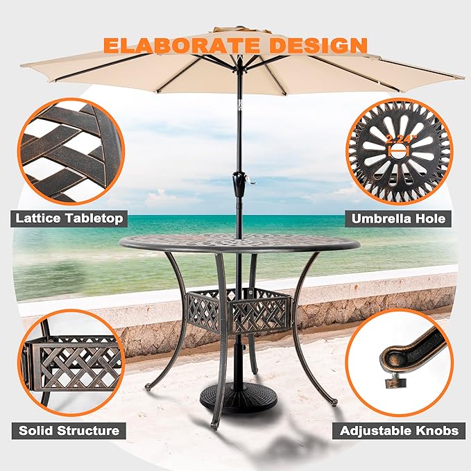 NUU GARDEN 5 Piece Cast Aluminum Outdoor Patio Dining Set, Round Patio Dining Table with 2.24" Umbrella Hole and 4 Patio Dining Chairs with Cushions for Garden, Balcony, Bronze and Beige - Image 7