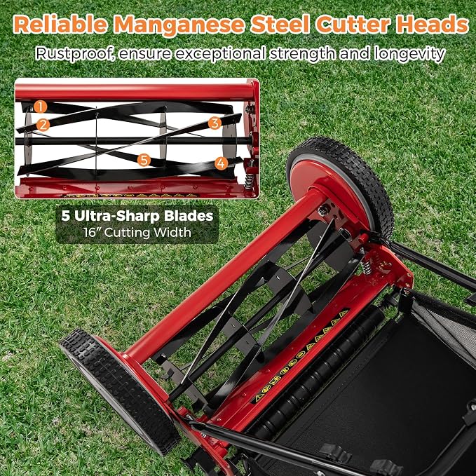 16" Manual Rear Mower, Push Lawn Mower with 5 Steel Blades, Adjustable Cutting Heights & Grass Catcher Bag, Walk-Behind Grass Cutter Lawn Sweeper for Garden, Park & Yard (Red) - Image 3