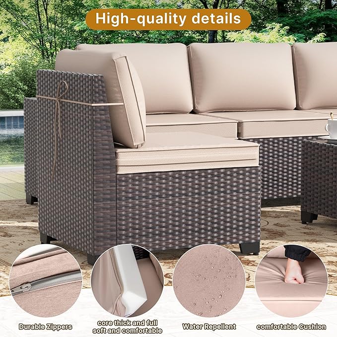 Gotland 12 Pieces Patio Furniture Set, Wicker Outdoor Sectional with Wide Armrests 29.5'' High Backrest 4'' Thick Waterproof Cushions, Oversized Patio Furniture for Deck Garden Khaki