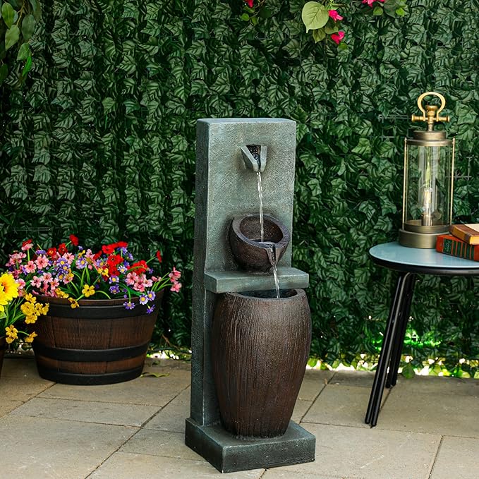 Alpine Corporation TZL388 32" 3 Tier Jar Fountain with LED Lights, Elegant Outdoor Water Feature for Garden, Patio, Backyard, Home Décor, Ceramic Water Fountain & Landscape Decorations, Gray