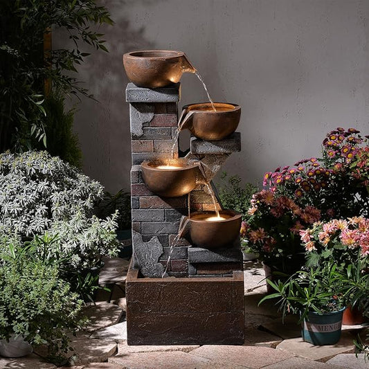 5 Tiers Water Fountain Outdoor Garden - 33.5" H Shape K Indoor Waterfall Fountain with LED Lights for Patio, Balconies, Lawns, Deck, Porch Backyard and Home Art Decor