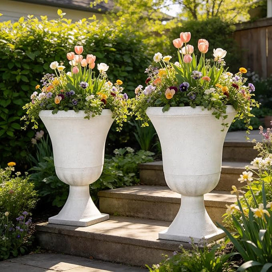 22" Urn Planters Outdoor Planter for Plants Set of 2 Timeless Plastic Large Flower Pot with Drainage Hole Terrazzo White Garden Pots for Porch, Patio Christmas Decor