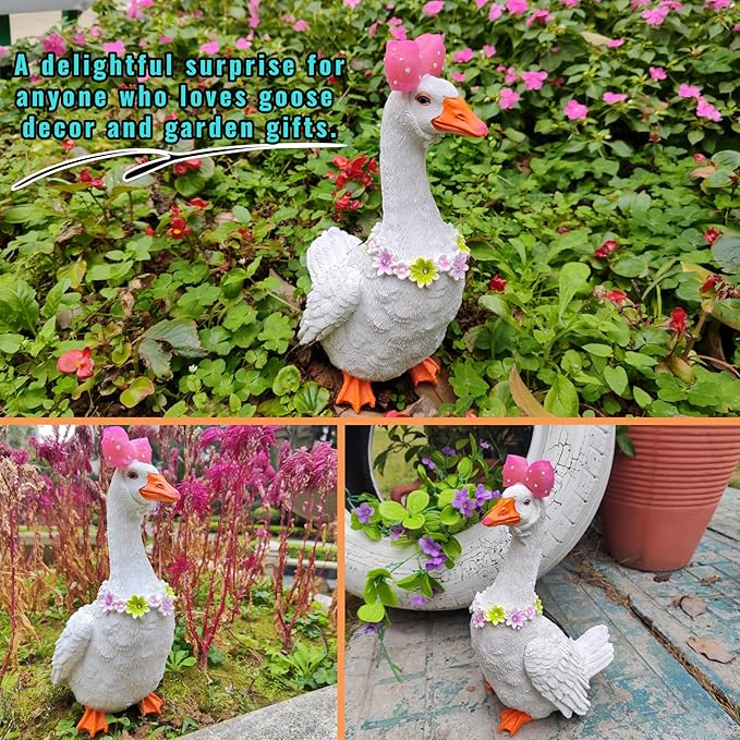 Solar Porch Goose Statue with Glowing Goose Outfits, 12 inch Resin White Goose Customizable Outdoor Garden Decor, Funny Duck Sculptures for Garden Stairs, Farm, Yard, Patio, Lawn, Easter Mom Gifts