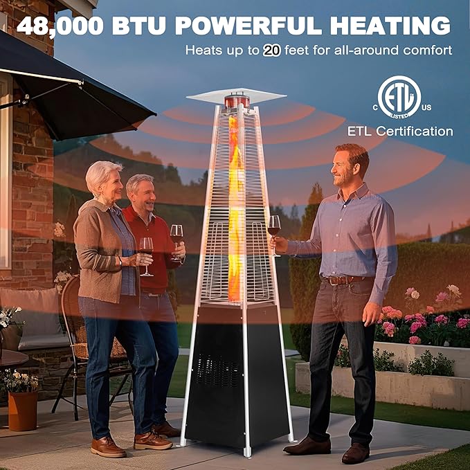 Nuu Garden Outdoor Pyramid Patio Heater, 48,000 BTU Propane Patio Heater with Glass Tube, Wheels, Outdoor Heater for Patio, Garden, Backyard, Porch, Black