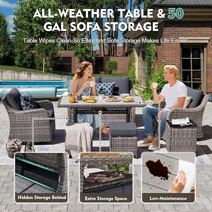 MEISSALIVVE 7 Pieces Outdoor Patio Furniture Set with Swivel Chairs, Wicker Patio Conversation Set, Patio Sectional Furniture Set with with Loveseat, 2 Ottomans and Dining Table (Grey)