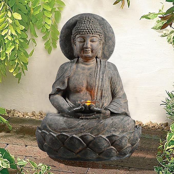 Teamson Home Buddha Zen Statue Water Fountain with LED Light and Pump for Outdoor Patio Garden Backyard Decking, 28 Inch Height, Stone Gray