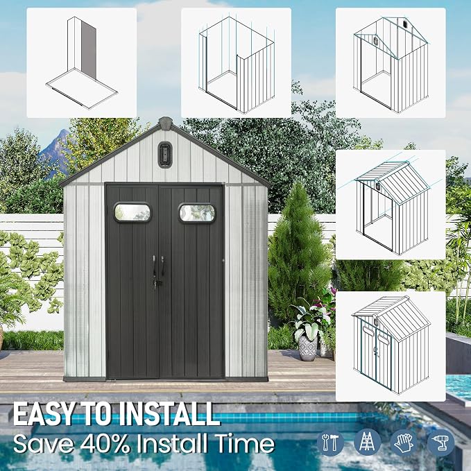 Domi 6x4 FT Outdoor Resin Storage Shed, All-Weather Double-Wall Storage Building for Backyard, Garden, Lawn Tools, Mower, Bike & Pool Equipment, Lockable Doors, Ventilated Roof, Grey - Image 9