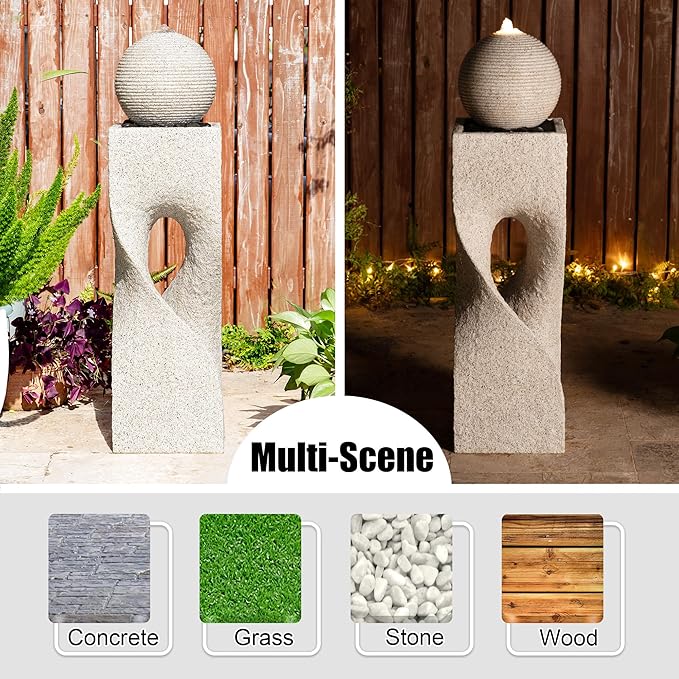 Glitzhome Outdoor Water Fountain with Lights, Outdoor Fountain with Pump, 36.5" H Modern Faux Terrazzo Geometric Pedestal and Sphere Polyresin Garden Fountains for Patio, Balcony, Yard Or Home Decor