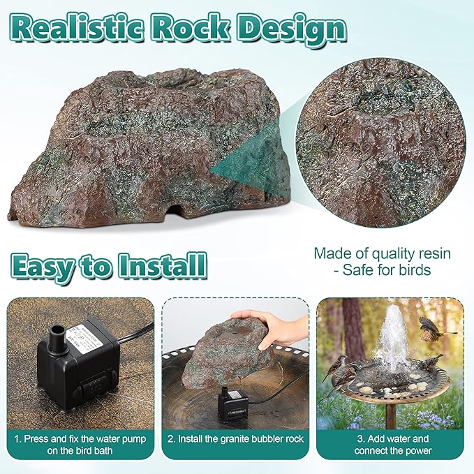 Dreyoo Fountain for Bird Bath, Red Moss Resin Granite Water Fountain Rock with 7W Water Pump, Bird Bath Fountains for Hummingbird Birdbath, Bird Feeder, Small Aquarium, Fish Tank