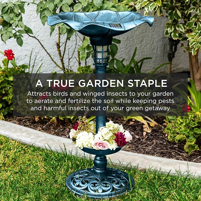 Best Choice Products Outdoor Solar Lighted Pedestal Bird Bath Fountain Decoration w/Planter, Integrated Panel, Scroll Accents for Lawn, Garden - Peacock Blue
