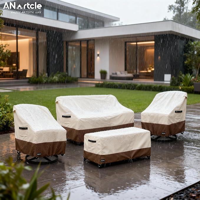 ANartcle Patio Furniture Covers 4 Piece Set, 600D Waterproof Heavy Duty Outdoor Furniture Covers,Fit Wicker Patio Sofa, Swivel Rocker Chair and Coffee Table,Beige&Brown - Image 5