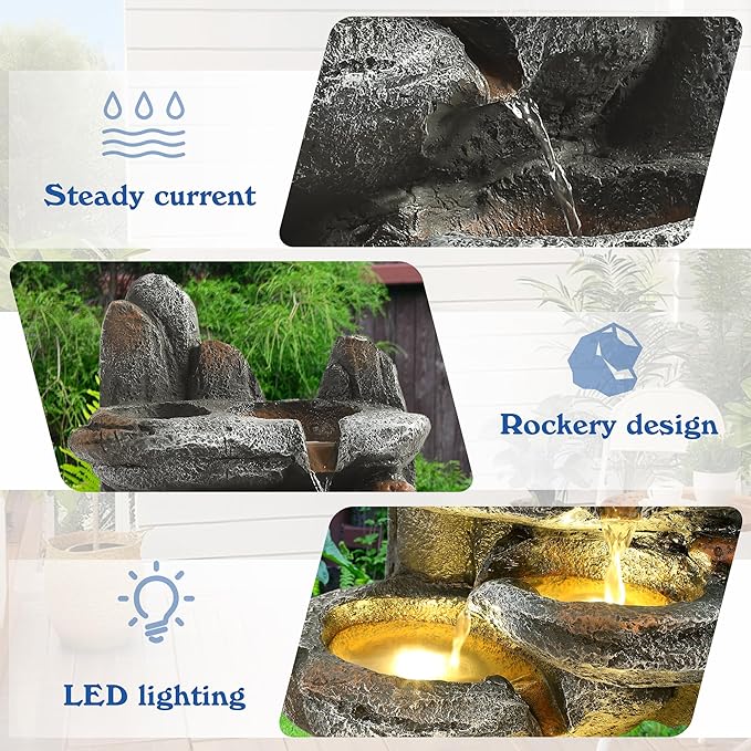 Outdoor Cascading Rock Water Fountain, 6-Tiers Fountains and Waterfalls with LED Lights, Indoor Freestanding Resin Waterfall Feature w/Pump for Patio, Garden, Backyard, Deck, Porch, Home Decor