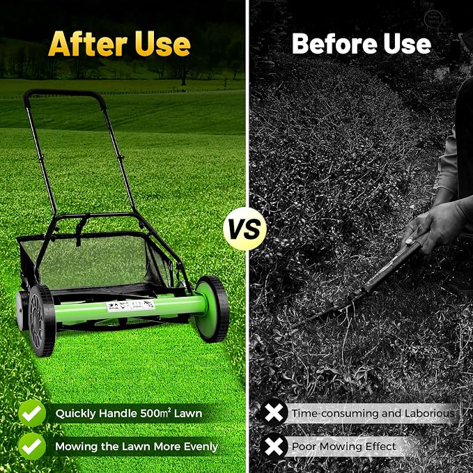 20-Inch Cordless Manual Reel Lawn Mower, Cylinder Lawnmower with 5-Blade, Push Reel Lawn Mower with Grass Catcher for Villa Yards, Park Greening, Factory Greening - Image 6
