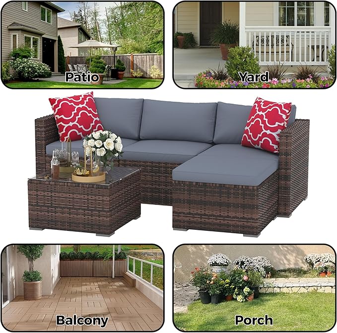 Garvee 5 Pieces Patio Furniture Set, Outdoor Glass Table and Cushions with Rattan Wicker Chairs, Patio Furniture Set for Porch, Balcony, Backyard, Garden, Brown & Grey