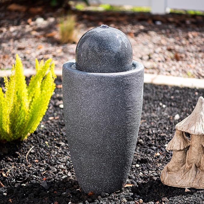 XBrand 26" Modern Sphere Water Fountain with LED Light – Indoor Outdoor Stone Texture Floor Fountain, Zen Bubbling Ball Water Feature for Garden Patio Porch - Gray
