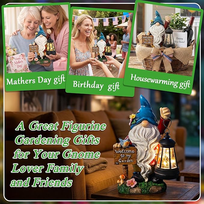 Garden Gnome Statues Figurine Lights - Solar Powered Lighting Outdoor Decorations with Lantern & Welcome Sign, Yard Art Lawn Ornaments for Porch Patio Balcony - Gnome Gifts for Women Mom