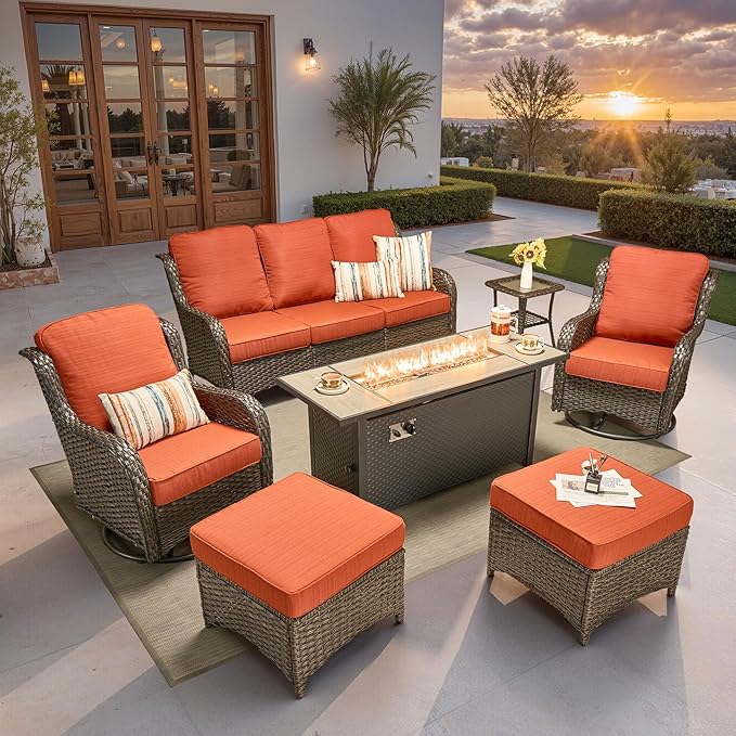 ovios 7-Piece Patio Furniture Set with Swivel Chairs Coffee Table, Outdoor Wicker Sofa with 54" Fire Pit Table, High Back Couch Modern Conversation Sets, Brown/Orange Red