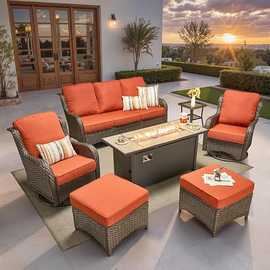 ovios 7-Piece Patio Furniture Set with Swivel Chairs Coffee Table, Outdoor Wicker Sofa with 54" Fire Pit Table, High Back Couch Modern Conversation Sets, Brown/Orange Red