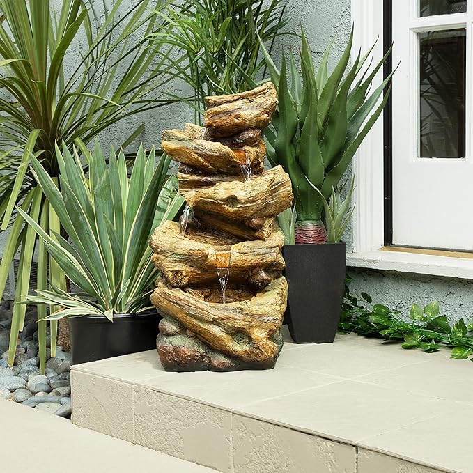 Alpine Corporation TZL226 Outdoor 4 Tier Log Tree Trunk Waterfall Floor Fountain with LED Lights, Tiered Garden Décor, 24" H, Brown