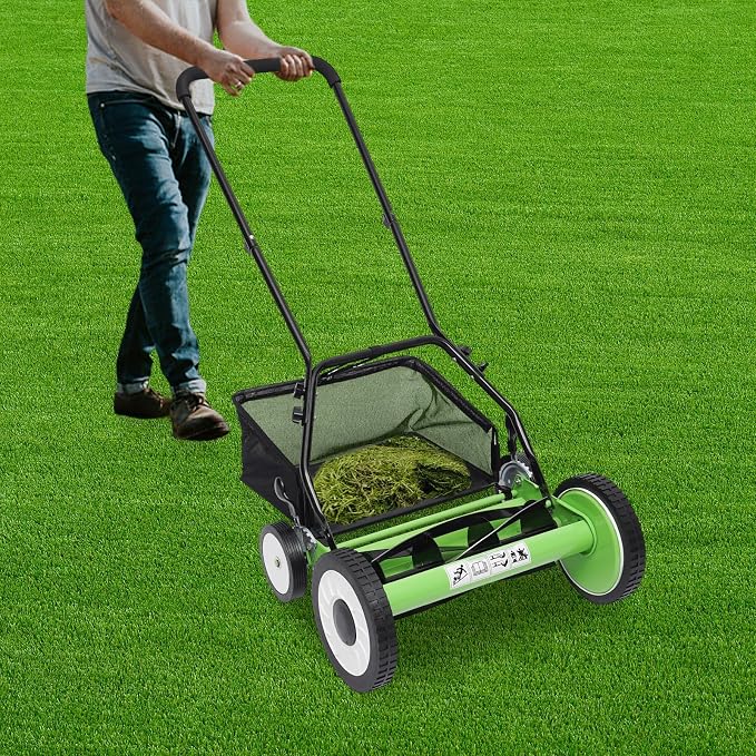 16 Inch 5-Blade Manual Push Reel Lawn Mower, Electric Lawn Mower Cordless Adjustable Height Push Lawn Sweeper with Collecting Bag & 4 Wheels for Picking Up Leaves, Grass and Debris On Lawns - Image 2