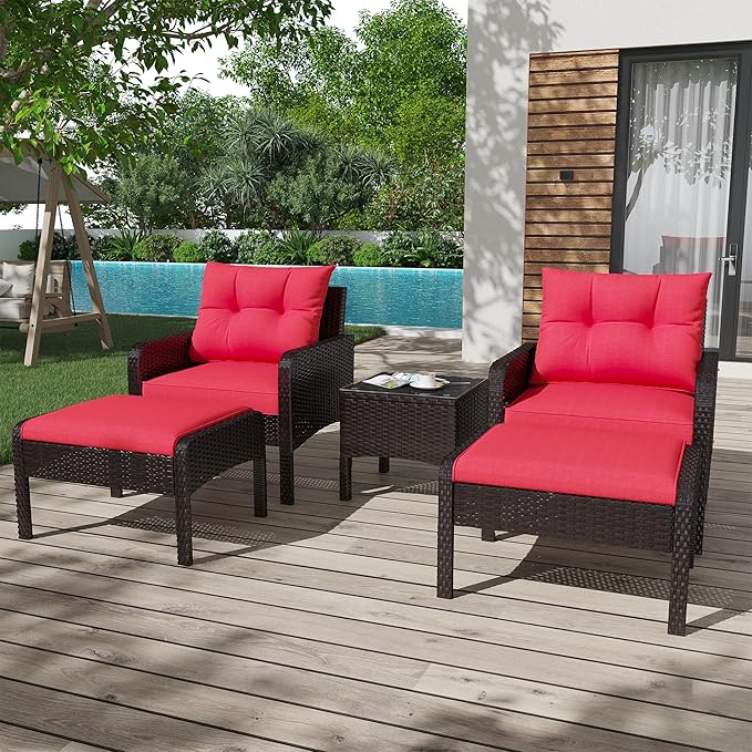 U-MAX Outdoor 5 Pieces Patio Furniture Set, PE Rattan Wicker Chairs with Ottoman and Table, Bistro Set for Front Porch, Garden, Backyard, Balcony, Brown/Red