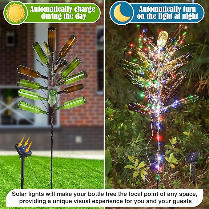 Meonum Solar Light Bottle Tree, 61" Metal Garden Sculpture for Yard & Patio Decor, Colorful Outdoor Wine Holder for Garden & Lawn Decoration, Holds 24 Glass Containers(Black)