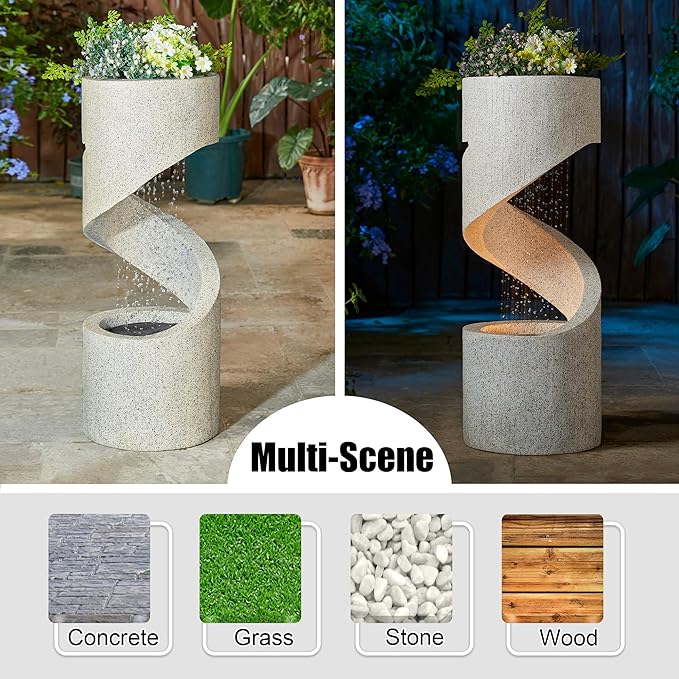 Glitzhome Outdoor Water Fountain with LED Light, Spiral Tiered Water Fountain Outdoor with Stone Planter, Modern Curved Waterfalls Feature Fountains for Garden Patio Porch, 31.3”H
