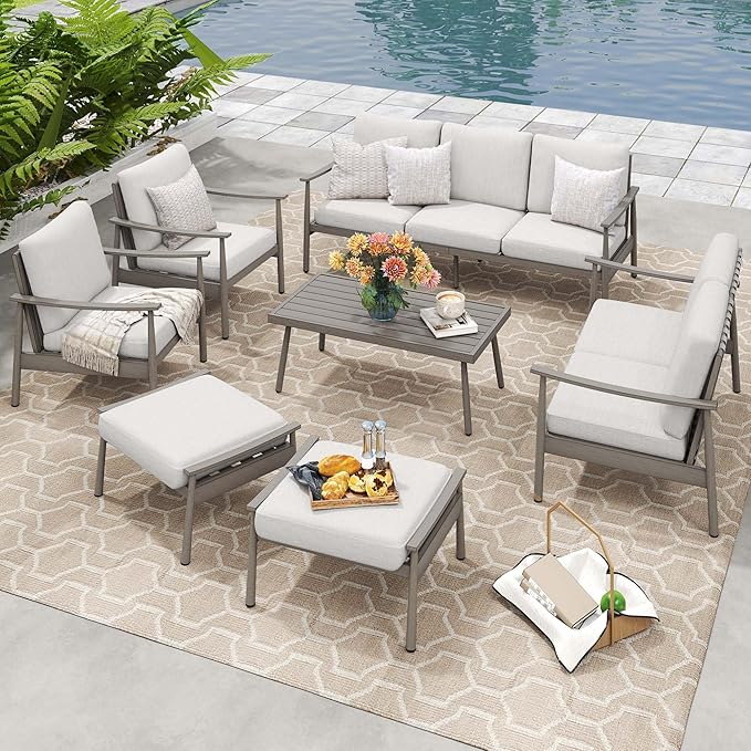 HAPPATIO Patio Outdoor Furniture Set - 7 Pieces Aluminum Outdoor Conversation Set Includes 1 Three-Seater Sofa, 1 Coffee Table, 1 Loveseat, 2 Armchairs and 2 Ottomans for Porch, Yard, Lawn (Grey)
