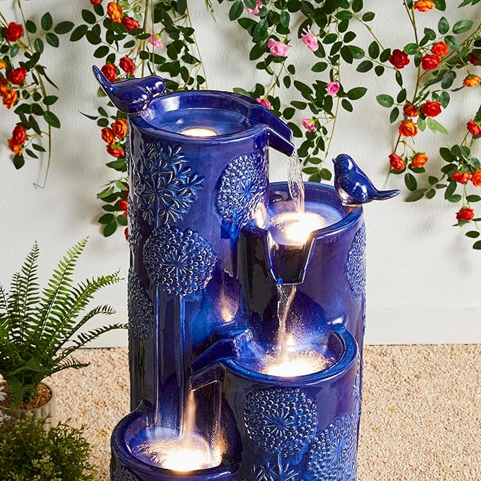 Glitzhome Water Fountain Outdoor with LED Lights, 4-Tier Vase Shaped Ceramic Outdoor Fountain, Dandelion Glaze Water Fountains Feature for Garden Backyard Patio, Cobalt Blue, 31.7”H