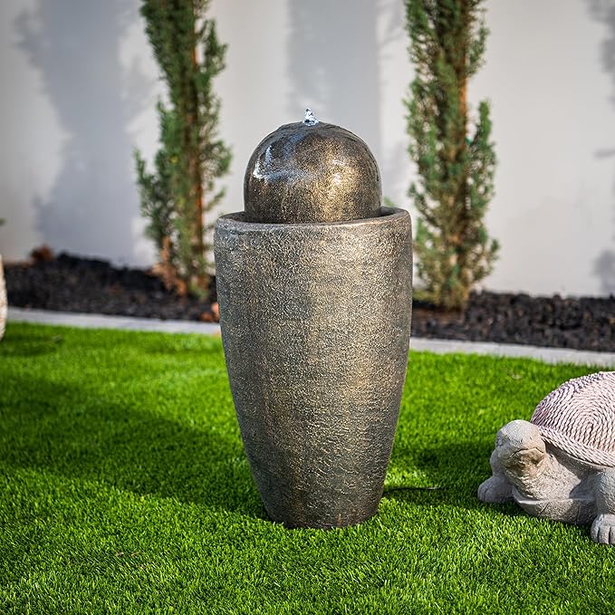 XBrand 26" Modern Sphere Water Fountain with LED Light – Indoor Outdoor Stone Texture Floor Fountain, Zen Bubbling Ball Water Feature for Garden Patio Porch - Bronze