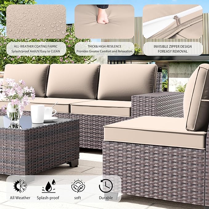 13 PCS Outdoor Patio Furniture Set,Outdoor Sectional Furniture with 43" 55000 BTU Gas Propane Fire Pit Table,All Weather PE Rattan Wicker Patio Conversation Set,Sand