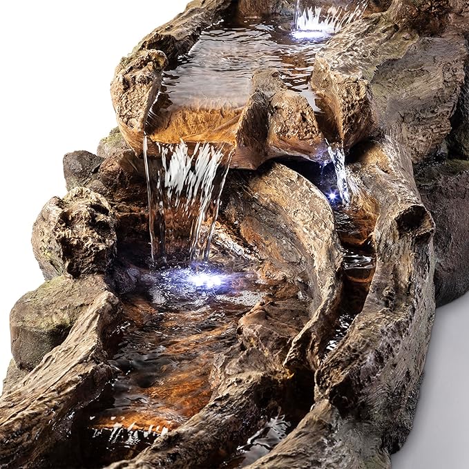 Alpine Corporation 80" Long Indoor/Outdoor Wood River Log Water Fountain with LED Lights, Cascading Natural Water Feature for Gardens, Patios, Yards, and Outdoor Decor, Brown and Gray