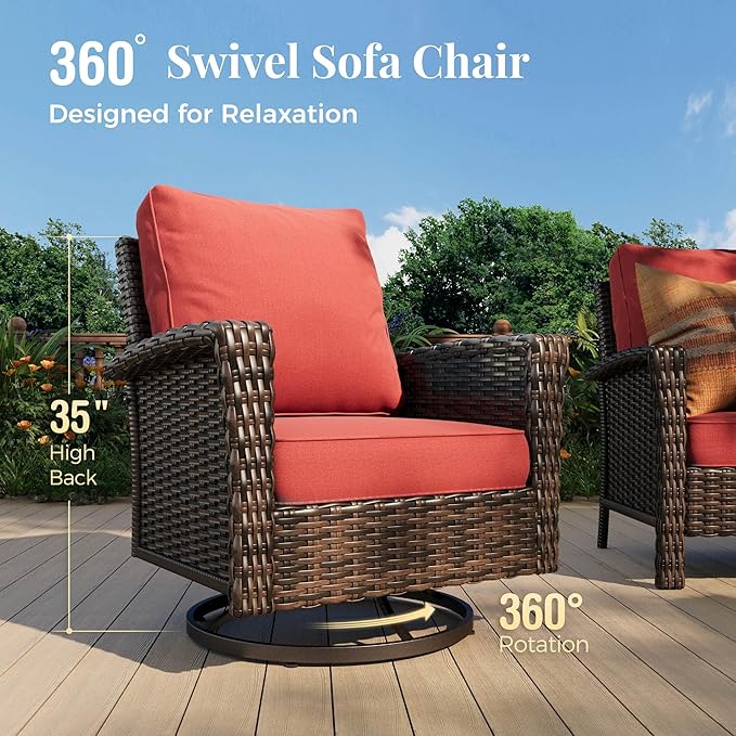 Swivel Patio Wicker Chairs Set of 2, High Back Outdoor Swivel Patio Rattan Chairs with 5.5" Thick Cushions for Bistro Balcony Porch Deck and Yard, Red