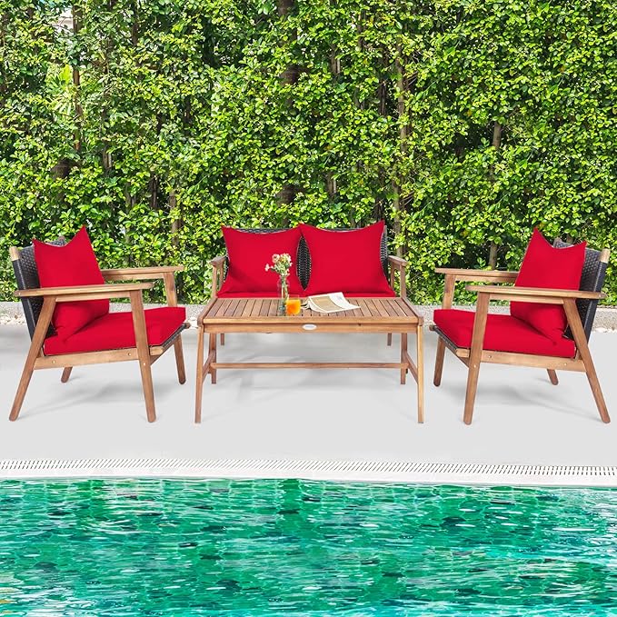 Tangkula 8-Piece Patio Furniture Set, Outdoor Acacia Wood Conversation Set with Cushions and Coffee Table, Outdoor PE Wicker Sectional Sofa Set for Garden, Poolside and Backyard (2, Red)