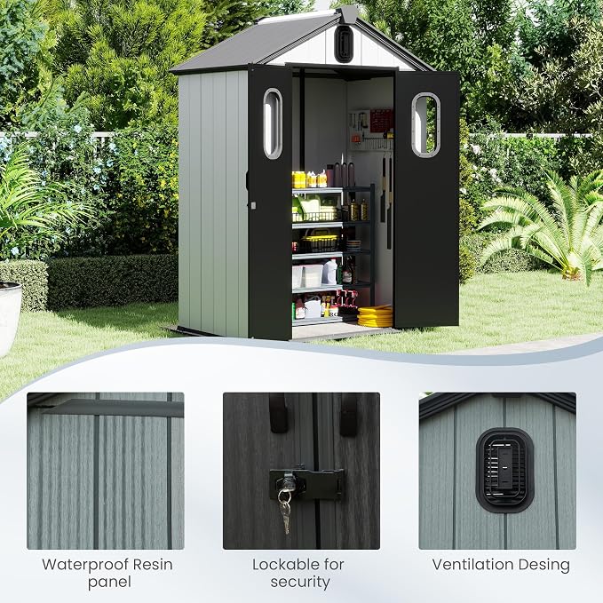 Domi 5x3 FT Outdoor Resin Storage Shed, All-Weather Double-Wall Storage Building for Backyard, Garden, Lawn Tools, Mower, Bike & Pool Equipment, Lockable Doors, Ventilated Roof, Grey - Image 8