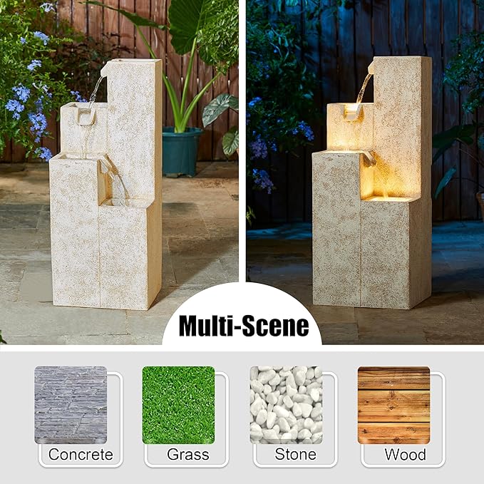 Glitzhome 34" H Outdoor Water Fountain with LED Light and Pump, 4-Tier Vintage Faux Terrazzo Geometric Square Column Polyresin Outdoor Floor Standing Fountain for Porch Deck Patio Backyard