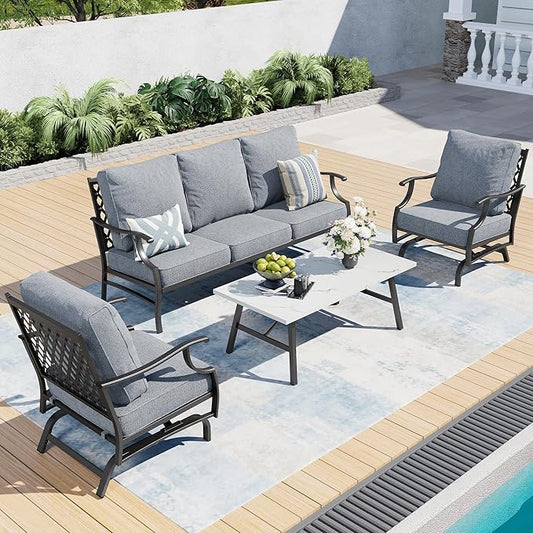 4 Piece Metal Outdoor Patio Furniture Set, Patio Conversation Set 1 3-seater Sofa, 2 Rocking Chair with 5.75" Extra Thick Cushion and Coffee Table, Black Frame Backyard Furniture, Gray
