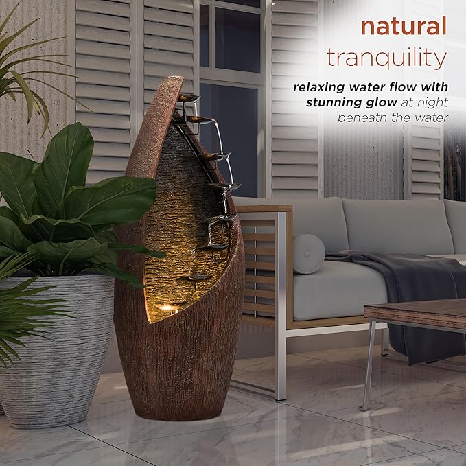 Alpine Corporation 43" Tall Outdoor Floor Contemporary Tiered Bronze Metal Water Fountain with LED Lights, Stylish Outdoor Water Feature for Garden and Patio Decor, Brown