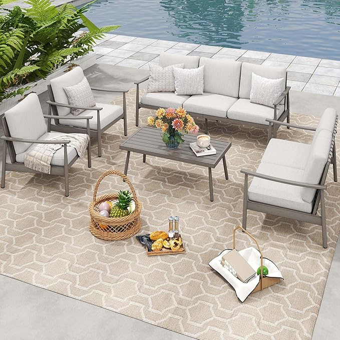HAPPATIO Outdoor Furniture Set - 5 Piece Aluminum Patio Conversation Set with 1 Coffee Table, 2 Armchairs, Loveseat and 3-Seat Sofa, Aluminum Patio Furniture Set for Backyard Deck Poolside (Grey)