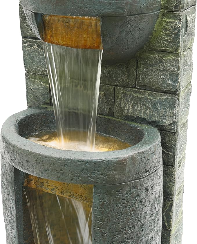 Alpine Corporation TZL384 Outdoor 3 Tier Water Fountain with LED Lights for Garden, Patio, Lawn and Yard Spaces, 51" H, Gray