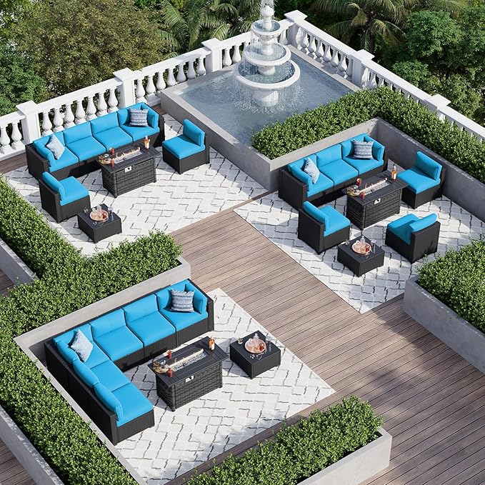 Aoxun 8 Piece Patio Furniture Set with 44” Fire Pit Table, Wicker Rattan Patio Sectional Sofa, Outdoor Furniture Set with Thickened Cushion, Light Gray