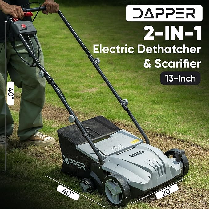 13-Inch 2-in-1 Electric Dethatcher and Scarifier Lawn Dethatcher with 8-Gallon Removable Thatch Collection Bag, 4-Position Depth Adjustment, 12 Amp, Quick-Fold, Keeps Lawn Healthy - Image 2