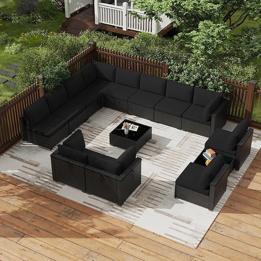 KIGOTY Patio Furniture Set,14 Pieces Modular Outdoor Sectional Sofa, PE Rattan Patio Conversation Set, All Weather Wicker Patio Furniture with Cushions and Coffee Table (Black/Black)