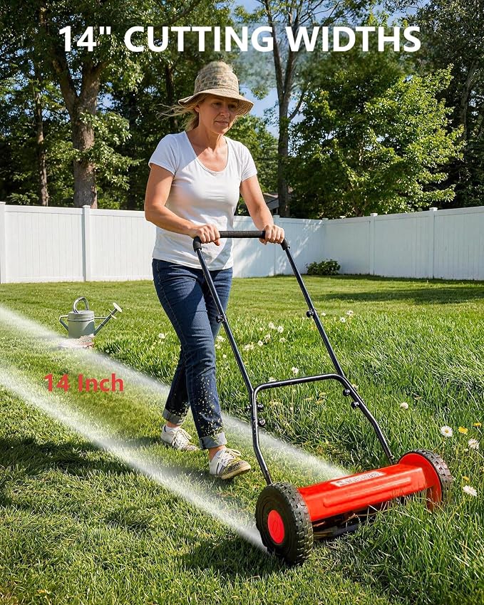 14" Hand Push Lawn Mower, 5-Blade Push Reel Lawn Mower with Adjustable Cutting Height, Quiet Eco-Friendly Manual Lawnmower for Home Garden - Image 2