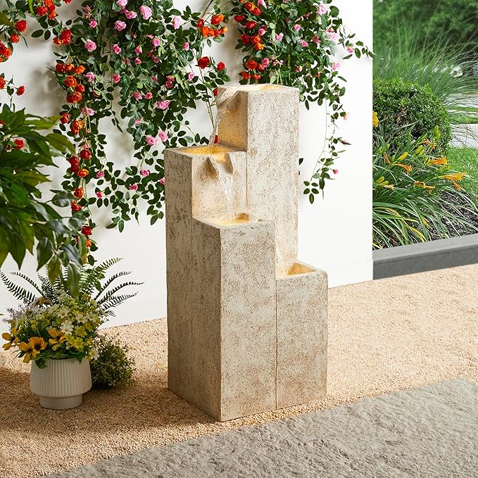 Glitzhome 34" H Outdoor Water Fountain with LED Light and Pump, 4-Tier Vintage Faux Terrazzo Geometric Square Column Polyresin Outdoor Floor Standing Fountain for Porch Deck Patio Backyard