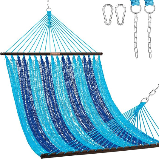 Lazy Daze Hammocks 10.5 FT Double 2 Person Caribbean Rope Hammock, Hand Woven Polyester Hammock with Spreader Bars, for Outside Outdoor Backyard Patio Poolside, 450 LBS Capacity, Blue/SkyBlue by LazyDazeHammocks